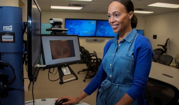 Smiling female professional on a computer